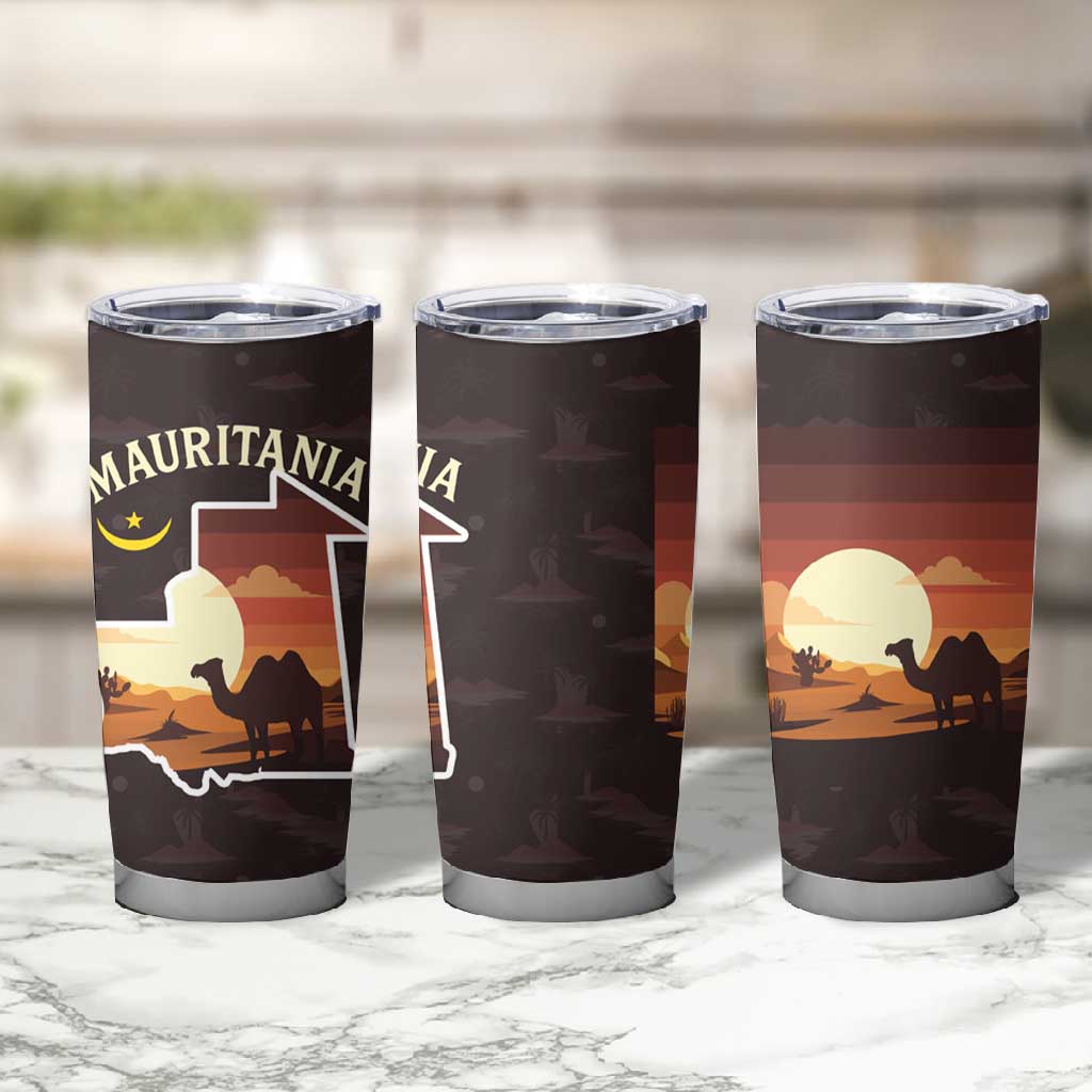 Mauritania Tumbler Cup - Desert Sunset Camel Silhouette and Flag Accents