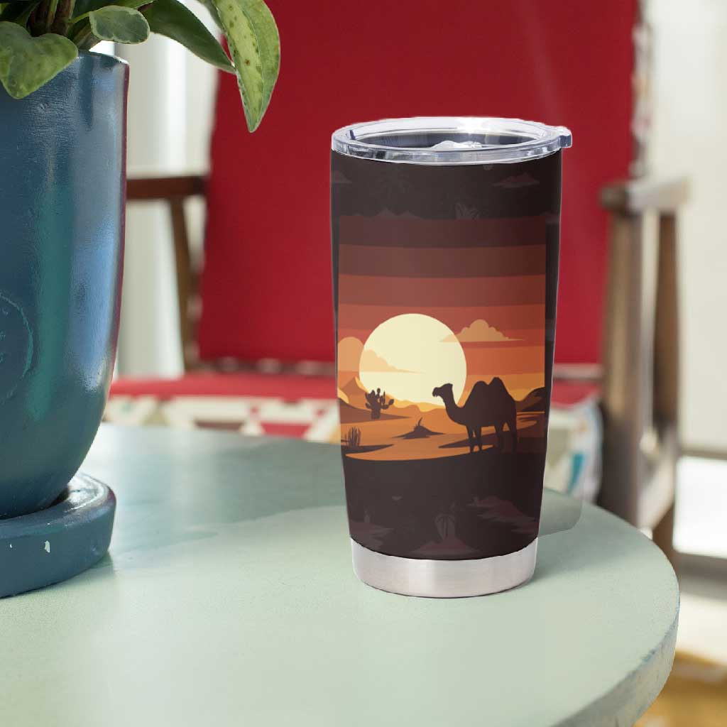 Mauritania Tumbler Cup - Desert Sunset Camel Silhouette and Flag Accents