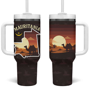Mauritania Tumbler With Handle - Desert Sunset Camel Silhouette and Flag Accents
