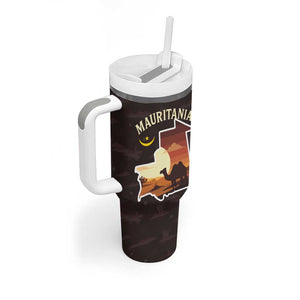 Mauritania Tumbler With Handle - Desert Sunset Camel Silhouette and Flag Accents