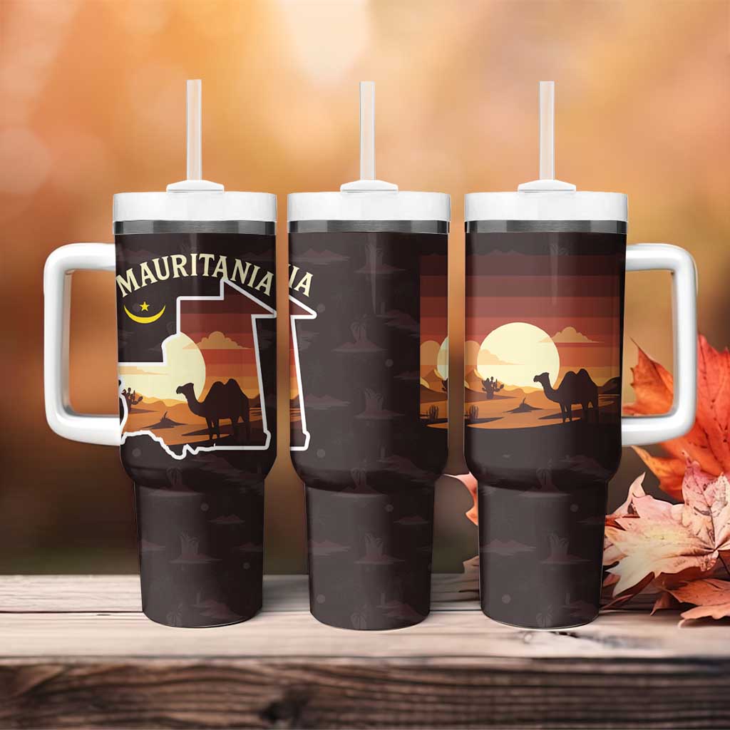 Mauritania Tumbler With Handle - Desert Sunset Camel Silhouette and Flag Accents