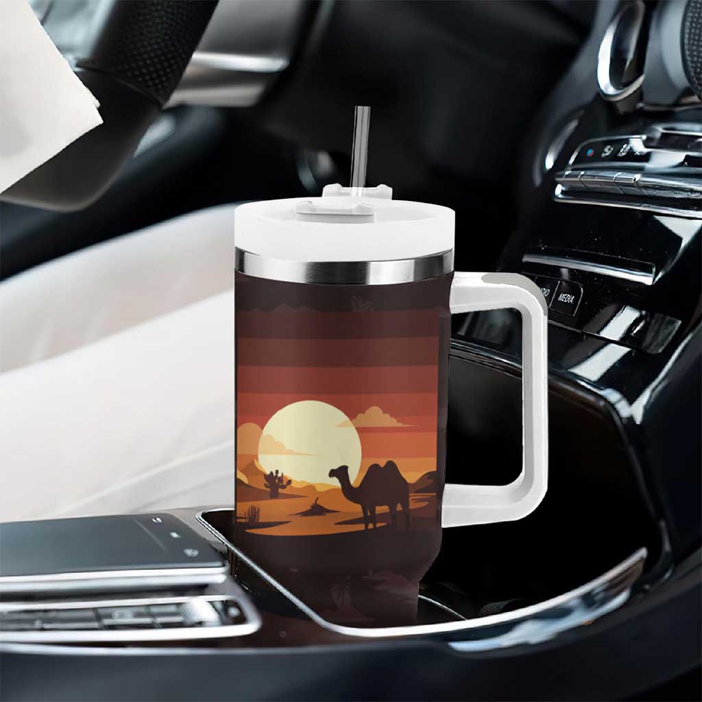 Mauritania Tumbler With Handle - Desert Sunset Camel Silhouette and Flag Accents