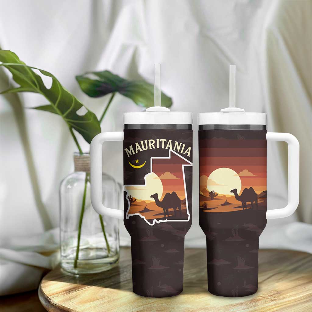 Mauritania Tumbler With Handle - Desert Sunset Camel Silhouette and Flag Accents