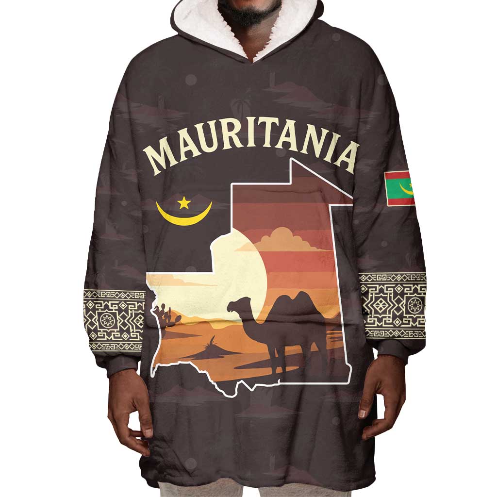 Mauritania Wearable Blanket Hoodie - Desert Sunset Camel Silhouette and Flag Accents