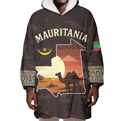 Mauritania Wearable Blanket Hoodie - Desert Sunset Camel Silhouette and Flag Accents