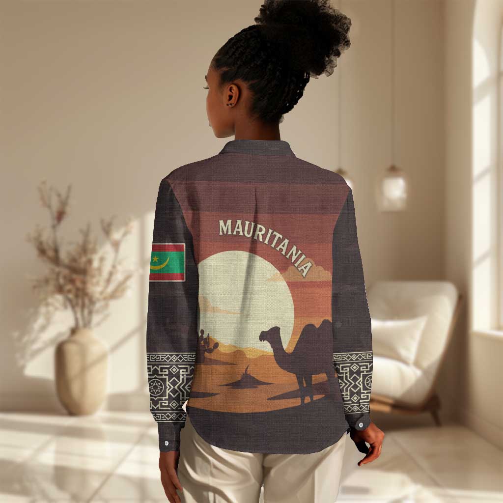 Mauritania Women Casual Shirt - Desert Sunset Camel Silhouette and Flag Accents