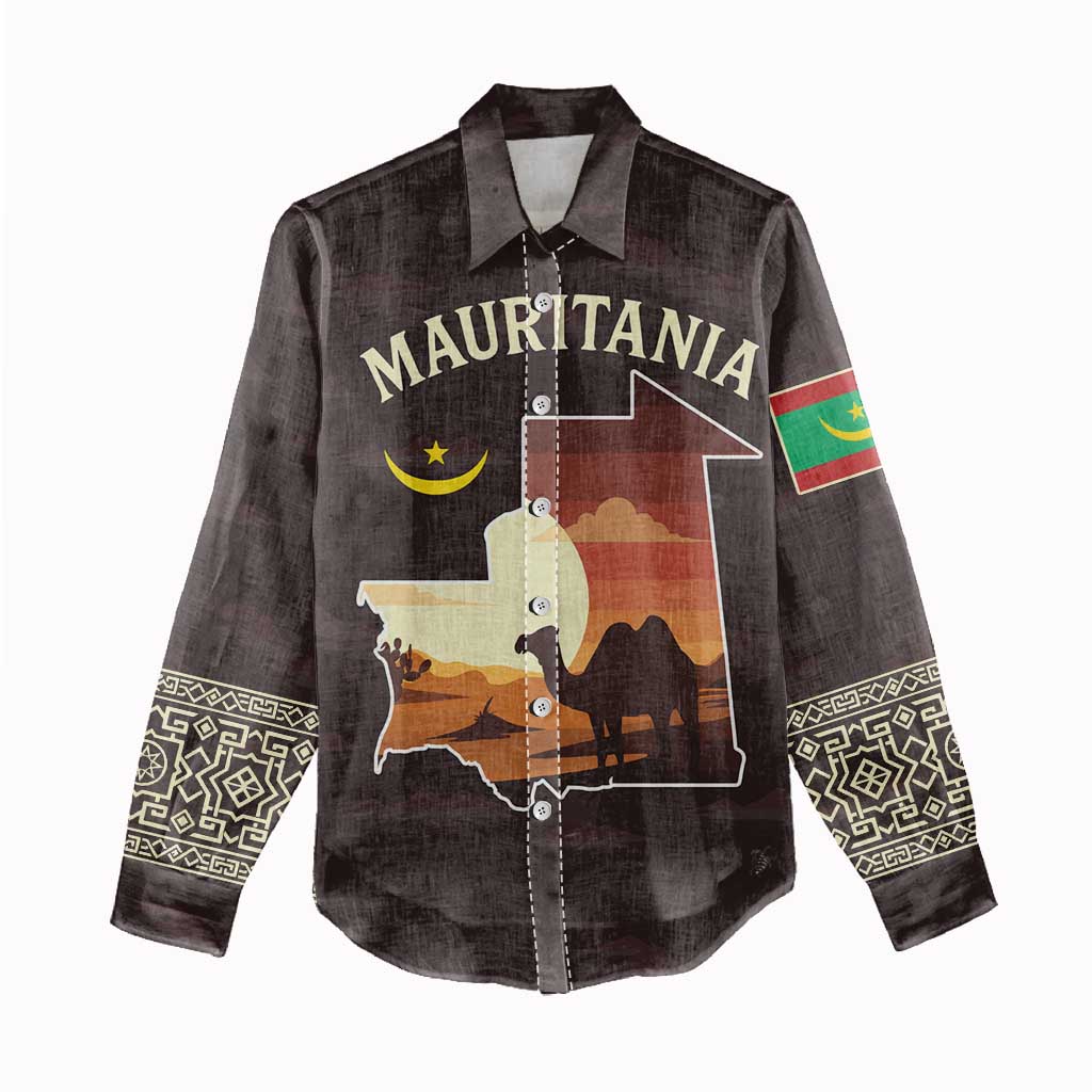 Mauritania Women Casual Shirt - Desert Sunset Camel Silhouette and Flag Accents