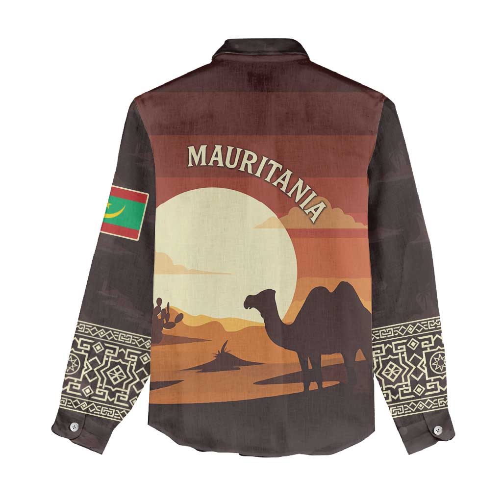 Mauritania Women Casual Shirt - Desert Sunset Camel Silhouette and Flag Accents
