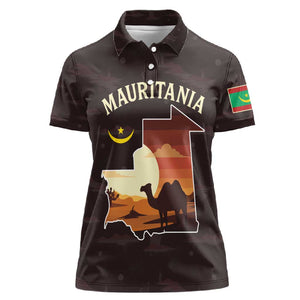 Mauritania Women Polo Shirt - Desert Sunset Camel Silhouette and Flag Accents