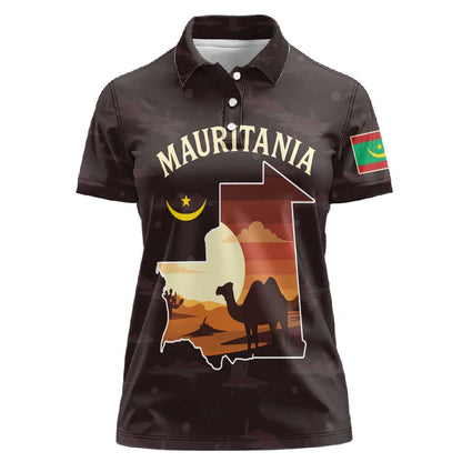 Mauritania Women Polo Shirt - Desert Sunset Camel Silhouette and Flag Accents