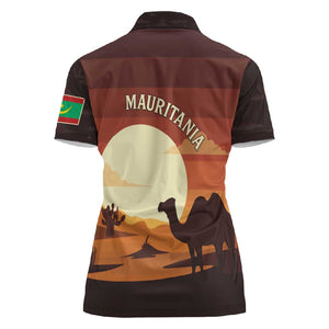 Mauritania Women Polo Shirt - Desert Sunset Camel Silhouette and Flag Accents