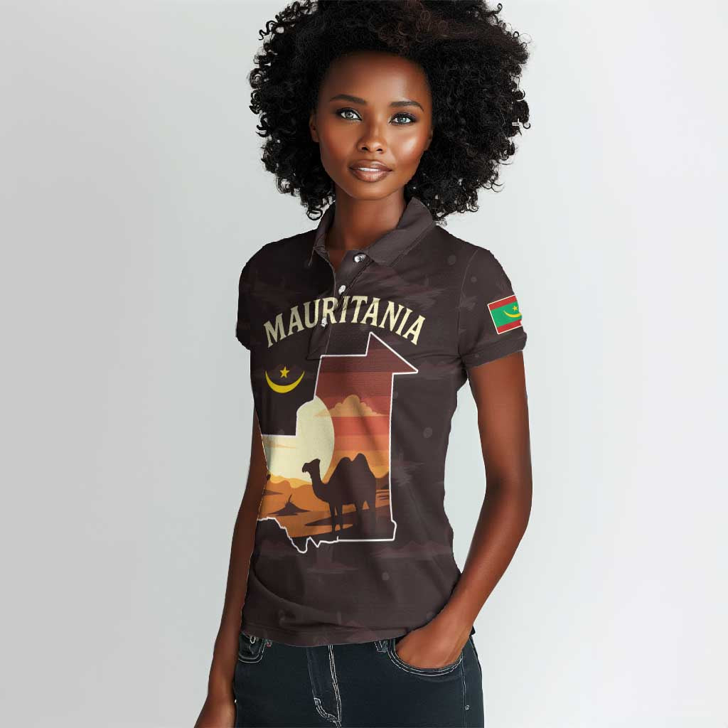 Mauritania Women Polo Shirt - Desert Sunset Camel Silhouette and Flag Accents