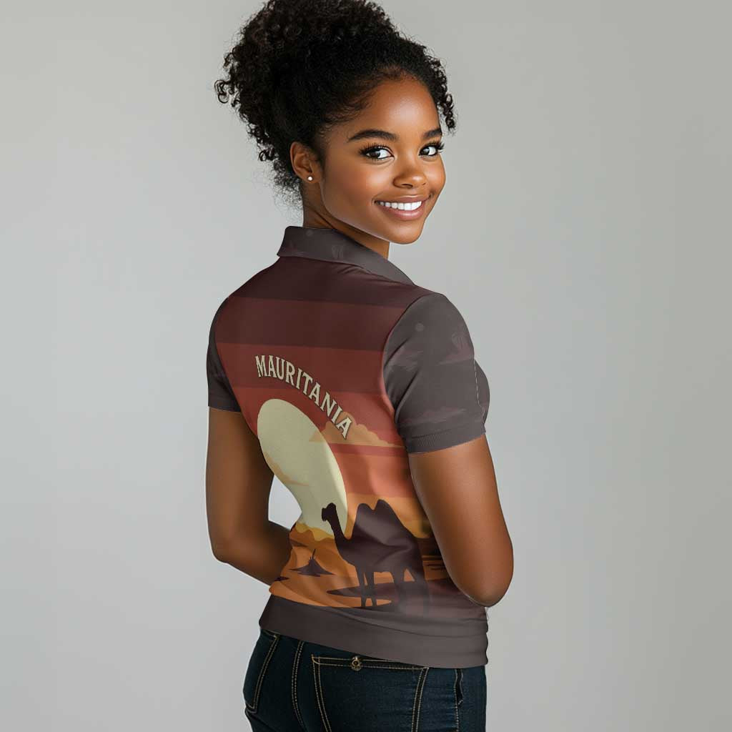 Mauritania Women Polo Shirt - Desert Sunset Camel Silhouette and Flag Accents