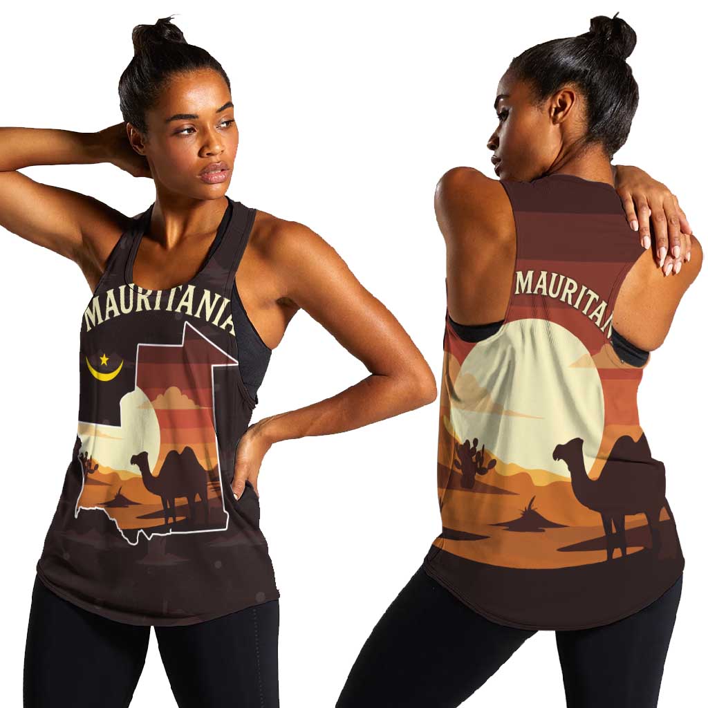 Mauritania Women Racerback Tank - Desert Sunset Camel Silhouette and Flag Accents