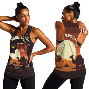 Mauritania Women Racerback Tank - Desert Sunset Camel Silhouette and Flag Accents