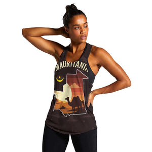 Mauritania Women Racerback Tank - Desert Sunset Camel Silhouette and Flag Accents