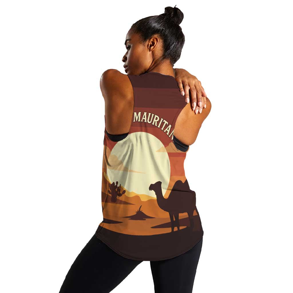 Mauritania Women Racerback Tank - Desert Sunset Camel Silhouette and Flag Accents