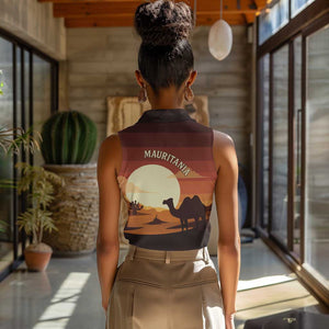 Mauritania Women Sleeveless Polo Shirt - Desert Sunset Camel Silhouette and Flag Accents