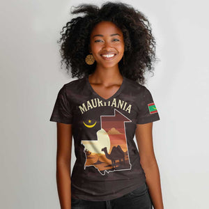 Mauritania Women V-Neck T-Shirt - Desert Sunset Camel Silhouette and Flag Accents