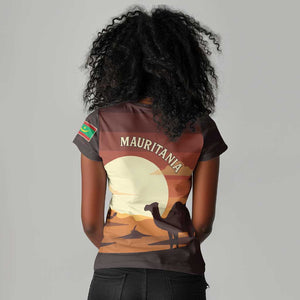 Mauritania Women V-Neck T-Shirt - Desert Sunset Camel Silhouette and Flag Accents