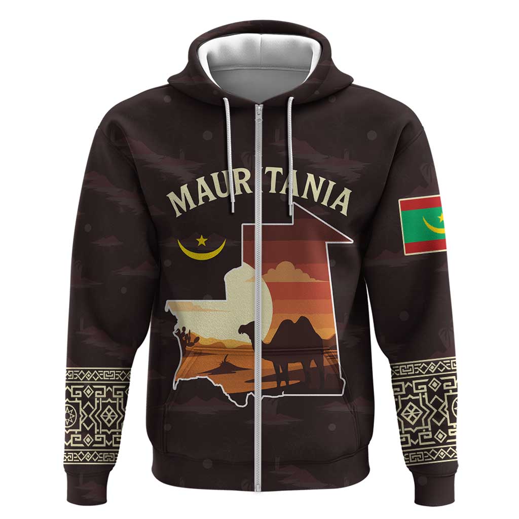 Mauritania Zip Hoodie - Desert Sunset Camel Silhouette and Flag Accents