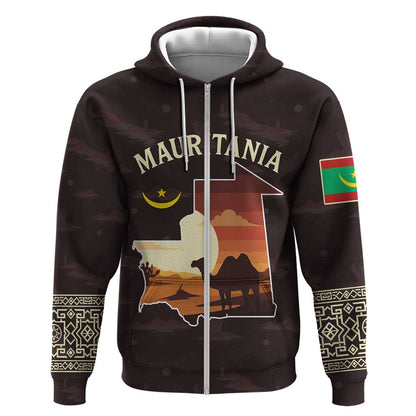 Mauritania Zip Hoodie - Desert Sunset Camel Silhouette and Flag Accents