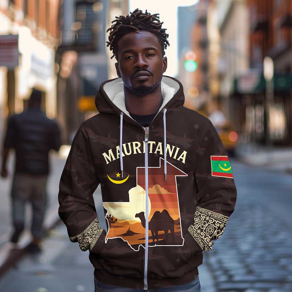 Mauritania Zip Hoodie - Desert Sunset Camel Silhouette and Flag Accents