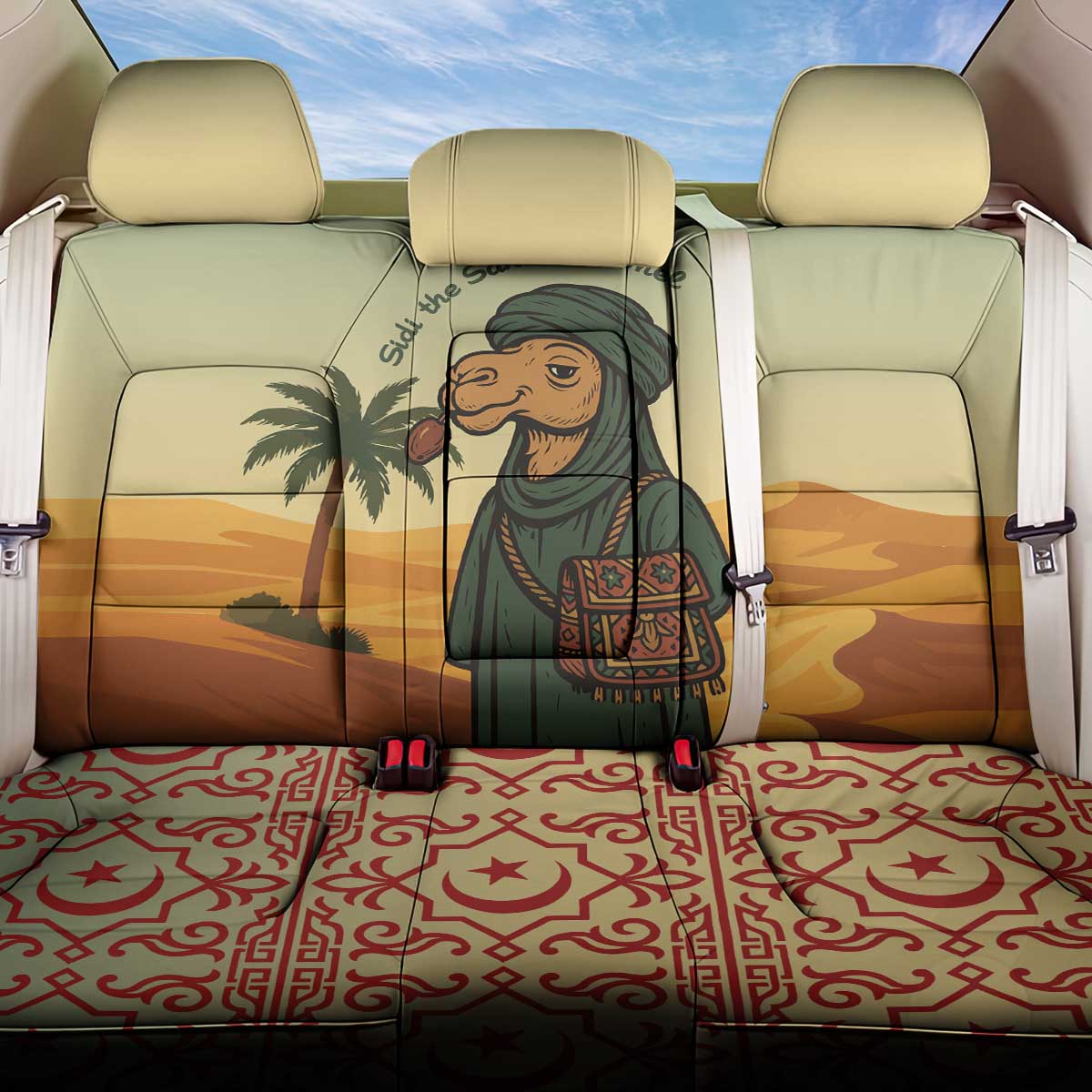 Mauritania Back Car Seat Cover - Sidi the Sahara Camel Cartoon and Desert Caravan Design