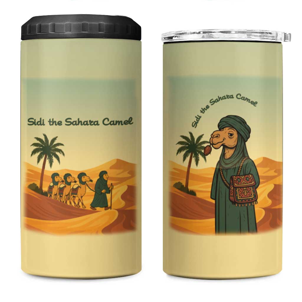Mauritania 4 in 1 Can Cooler Tumbler - Sidi the Sahara Camel Cartoon and Desert Caravan Design