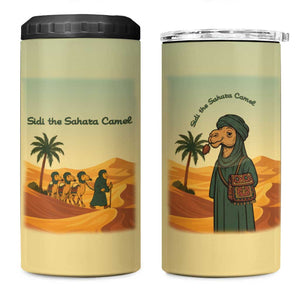Mauritania 4 in 1 Can Cooler Tumbler - Sidi the Sahara Camel Cartoon and Desert Caravan Design