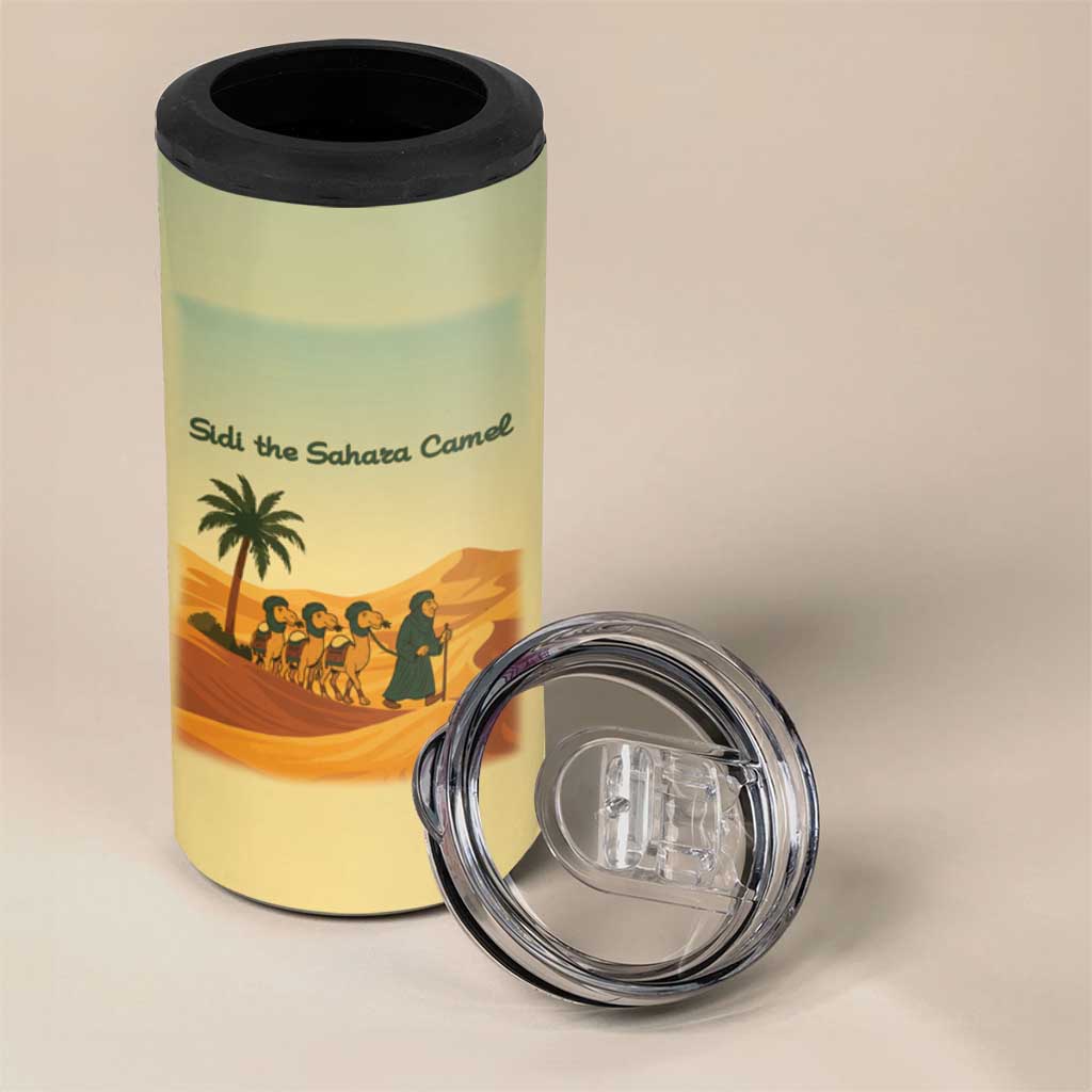 Mauritania 4 in 1 Can Cooler Tumbler - Sidi the Sahara Camel Cartoon and Desert Caravan Design