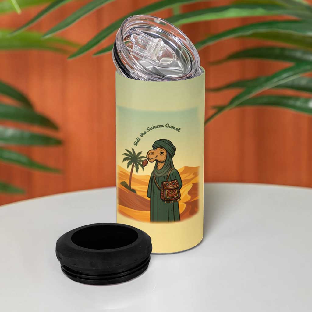 Mauritania 4 in 1 Can Cooler Tumbler - Sidi the Sahara Camel Cartoon and Desert Caravan Design