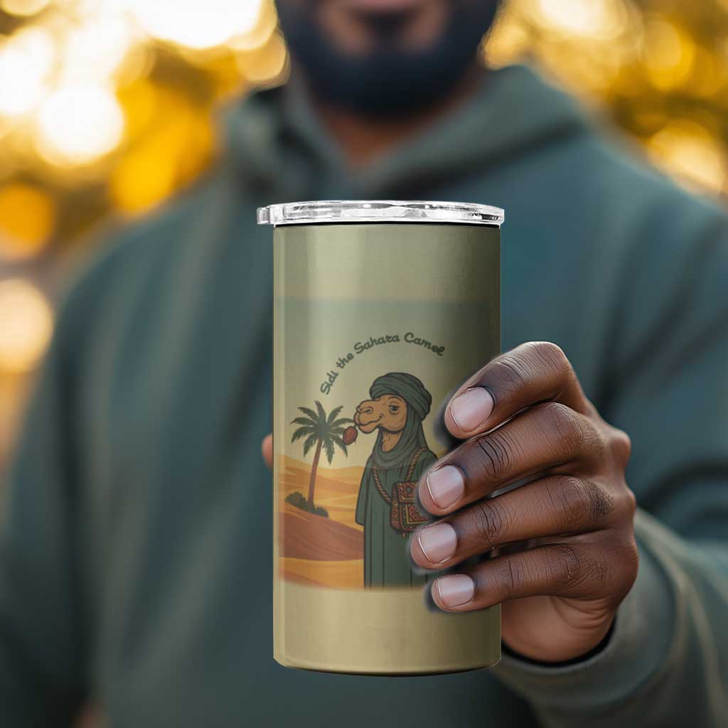 Mauritania 4 in 1 Can Cooler Tumbler - Sidi the Sahara Camel Cartoon and Desert Caravan Design