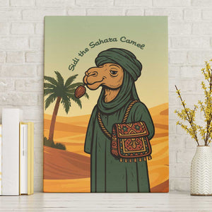 Mauritania Canvas Wall Art - Sidi the Sahara Camel Cartoon and Desert Caravan Design