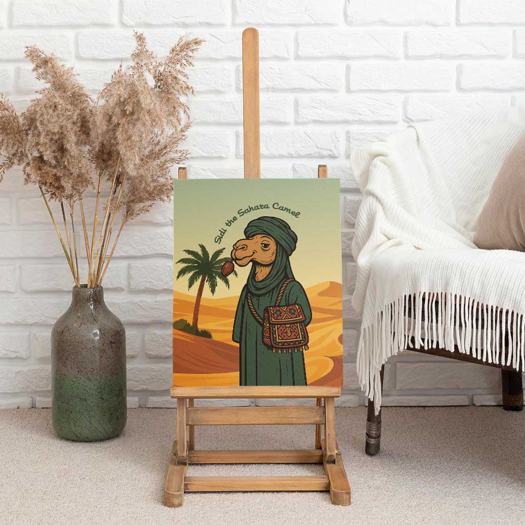 Mauritania Canvas Wall Art - Sidi the Sahara Camel Cartoon and Desert Caravan Design