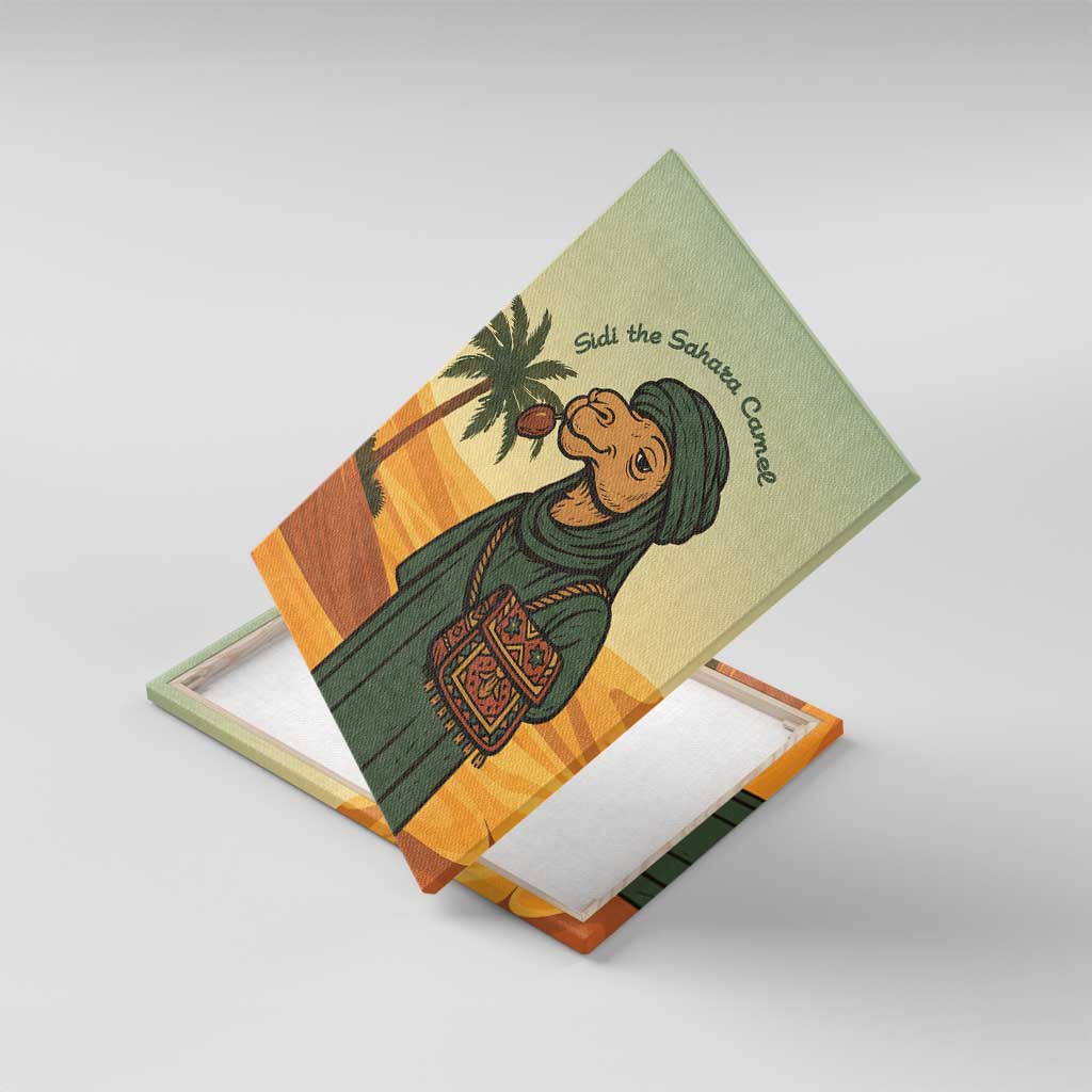 Mauritania Canvas Wall Art - Sidi the Sahara Camel Cartoon and Desert Caravan Design