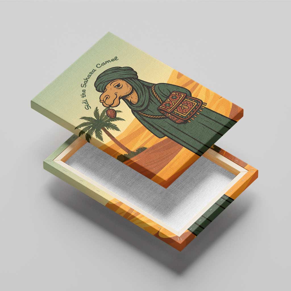 Mauritania Canvas Wall Art - Sidi the Sahara Camel Cartoon and Desert Caravan Design