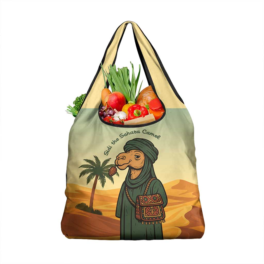 Mauritania Grocery Bag - Sidi the Sahara Camel Cartoon and Desert Caravan Design