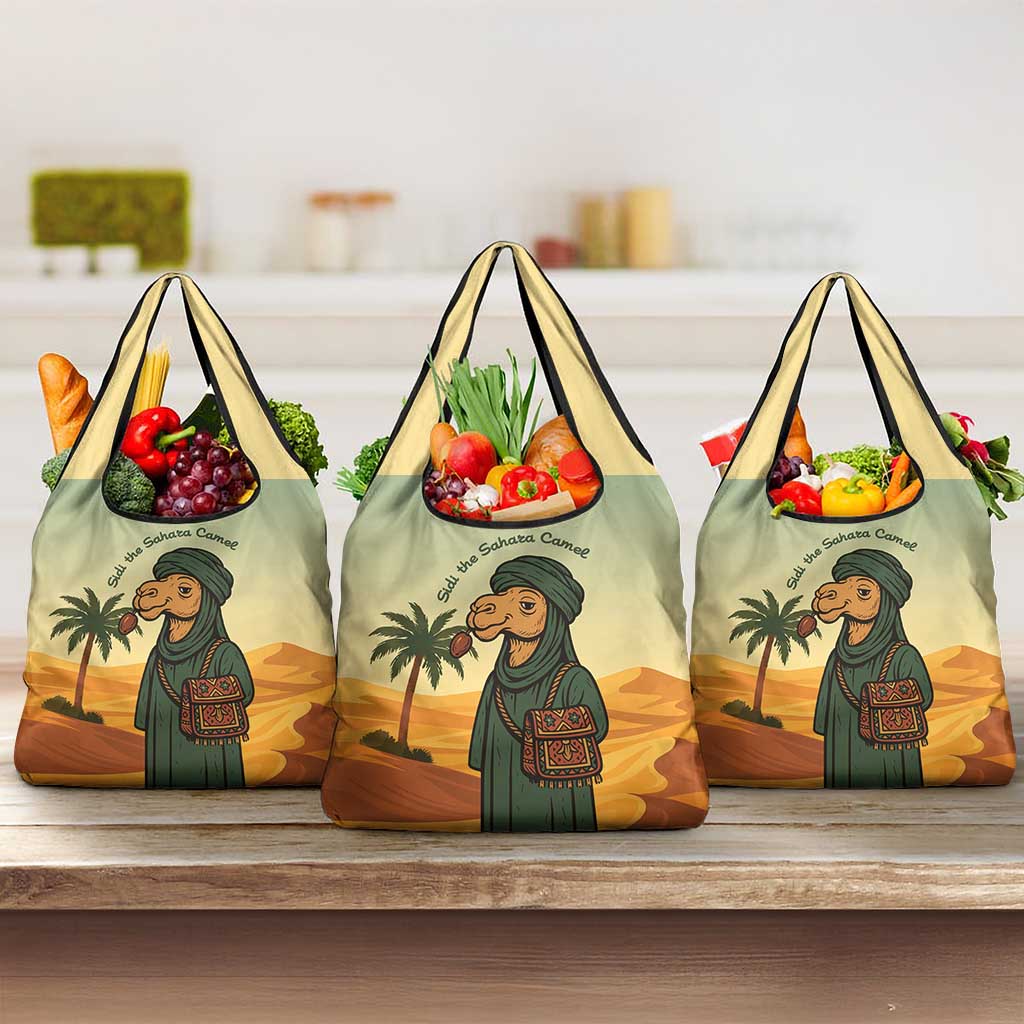 Mauritania Grocery Bag - Sidi the Sahara Camel Cartoon and Desert Caravan Design
