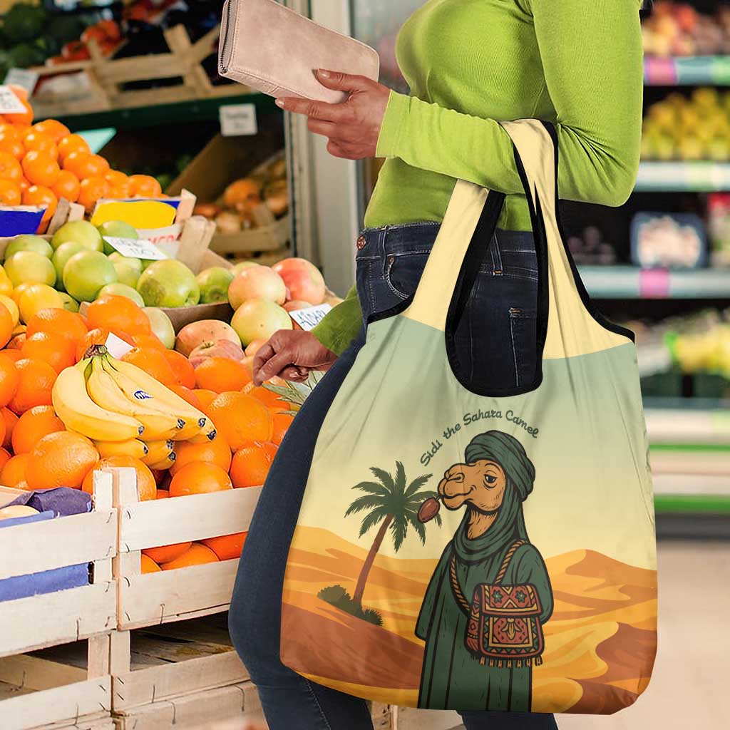 Mauritania Grocery Bag - Sidi the Sahara Camel Cartoon and Desert Caravan Design