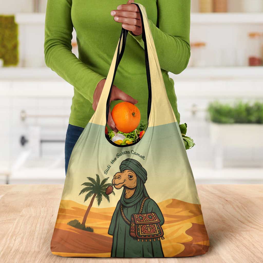 Mauritania Grocery Bag - Sidi the Sahara Camel Cartoon and Desert Caravan Design