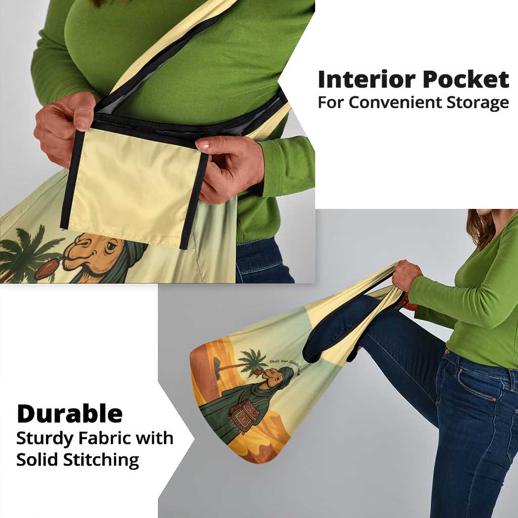 Mauritania Grocery Bag - Sidi the Sahara Camel Cartoon and Desert Caravan Design