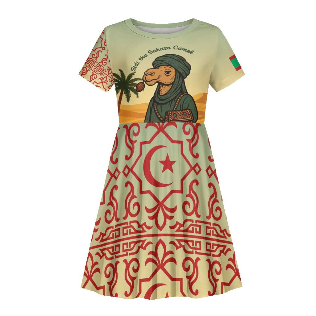Mauritania Kid Short Sleeve Dress - Sidi the Sahara Camel Cartoon and Desert Caravan Design