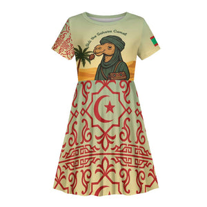 Mauritania Kid Short Sleeve Dress - Sidi the Sahara Camel Cartoon and Desert Caravan Design