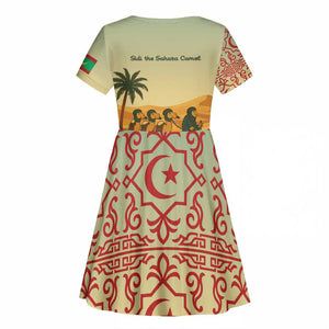 Mauritania Kid Short Sleeve Dress - Sidi the Sahara Camel Cartoon and Desert Caravan Design