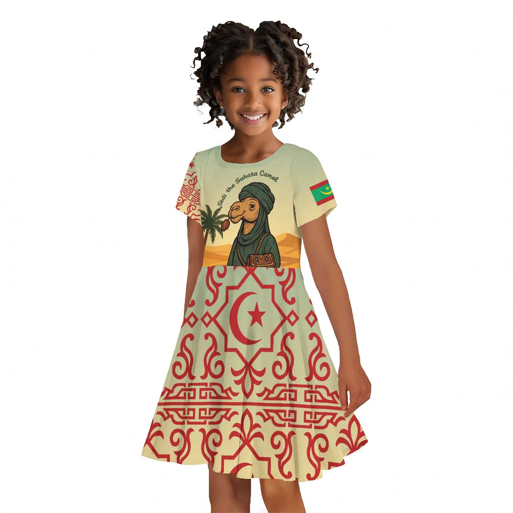 Mauritania Kid Short Sleeve Dress - Sidi the Sahara Camel Cartoon and Desert Caravan Design