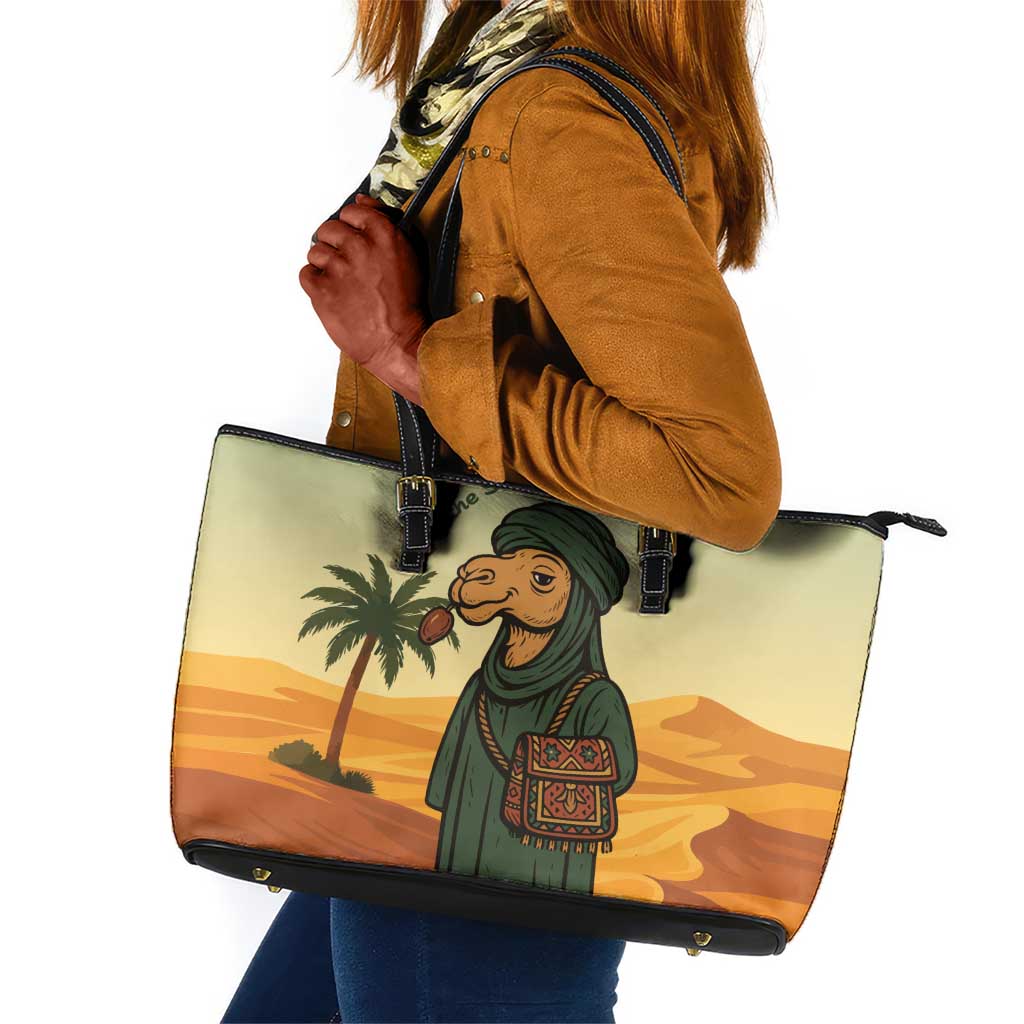 Mauritania Leather Tote Bag - Sidi the Sahara Camel Cartoon and Desert Caravan Design