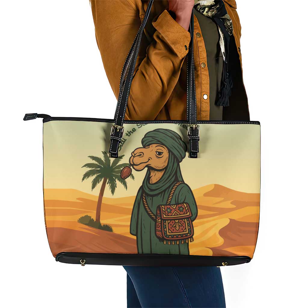 Mauritania Leather Tote Bag - Sidi the Sahara Camel Cartoon and Desert Caravan Design