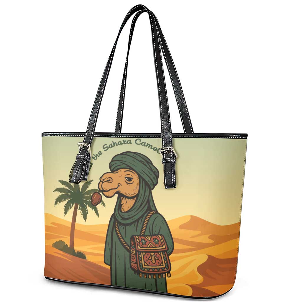 Mauritania Leather Tote Bag - Sidi the Sahara Camel Cartoon and Desert Caravan Design