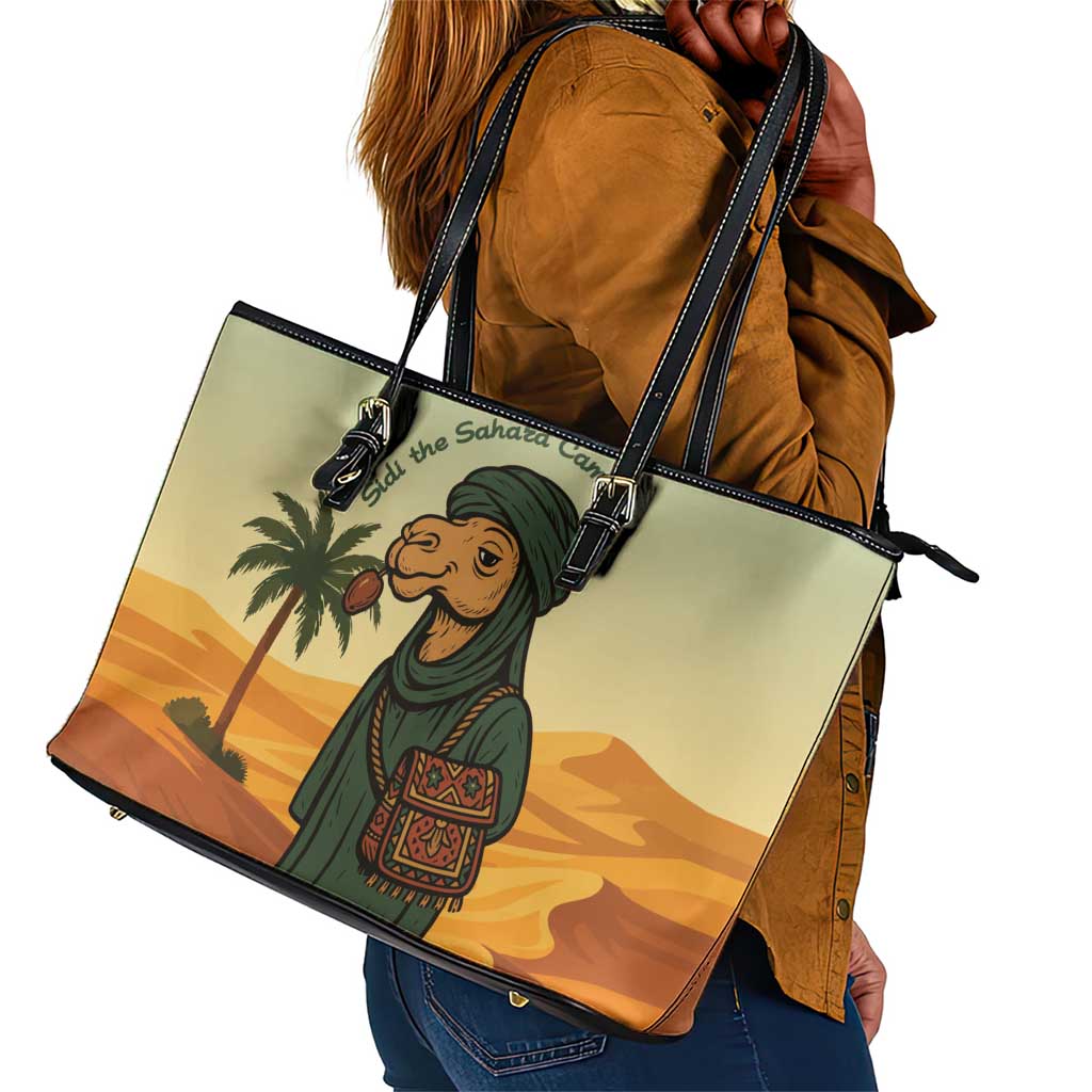 Mauritania Leather Tote Bag - Sidi the Sahara Camel Cartoon and Desert Caravan Design